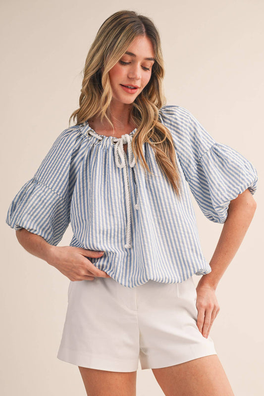 STRIPED BUBBLE TOP WITH GROMMET NECKLINE MTP4529
