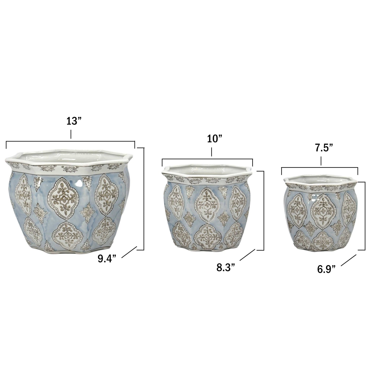 Set of 3 - 7.5"/10"/13" Ceramic Chinoiserie Planter Pot Set