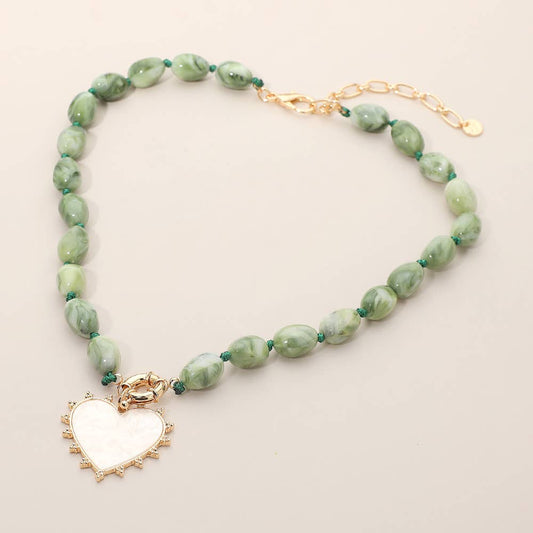 Mother of Pearl Heart Pendant Marbled Resin Oval Beaded Necklace