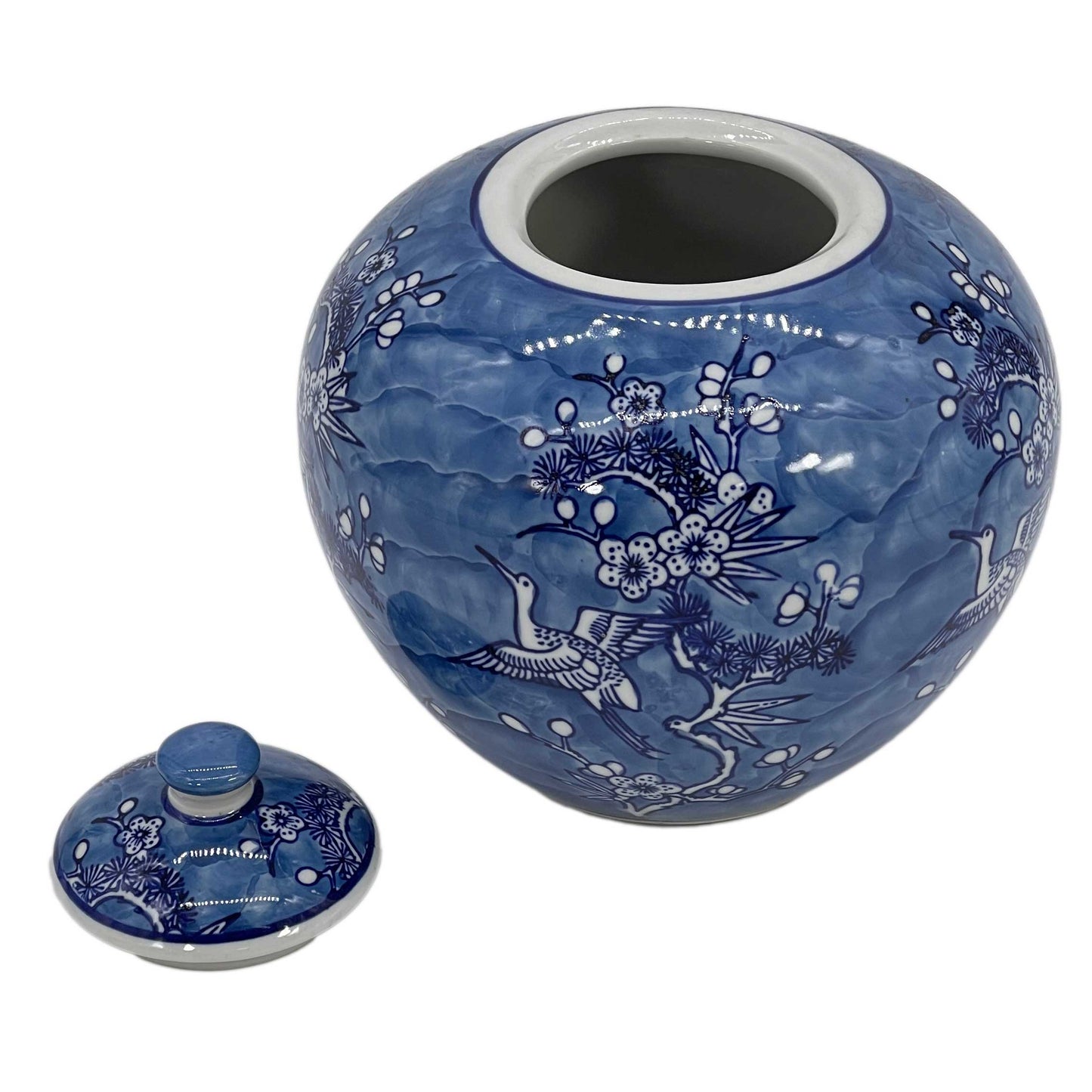 Blue & White Crane Porcelain Chinoiserie Ginger Jar 8"
