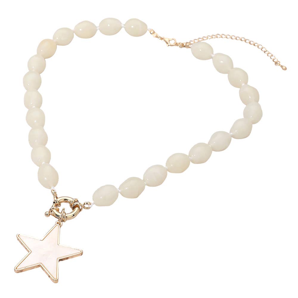 Mother of Pearl Star Pendant Marbled Pebble Beaded Necklace