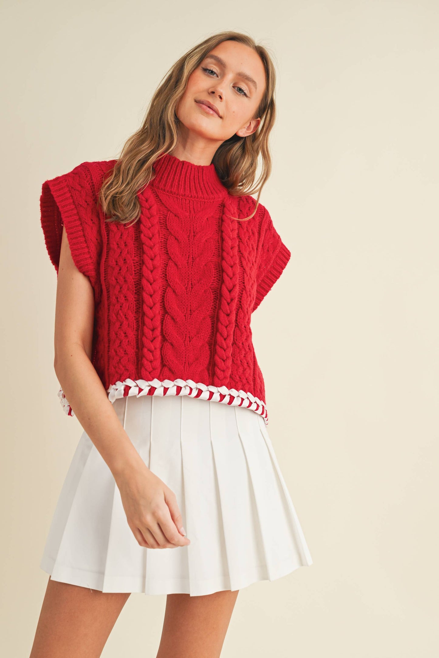 CSW13362K - CABLE KNIT DROP SHOULDER CONTRAST STITCH SWEATER