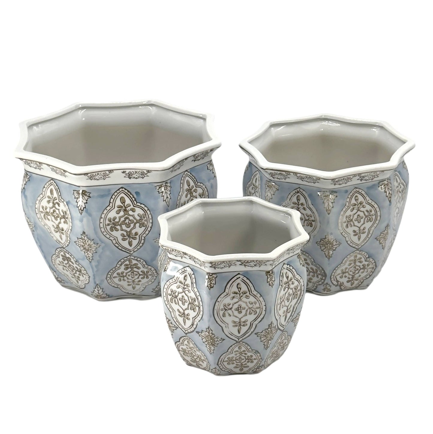 Set of 3 - 7.5"/10"/13" Ceramic Chinoiserie Planter Pot Set