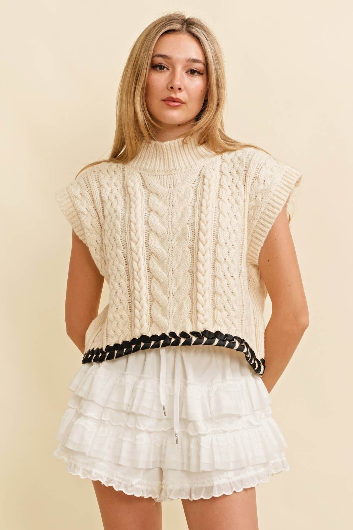 CSW13362K - CABLE KNIT DROP SHOULDER CONTRAST STITCH SWEATER