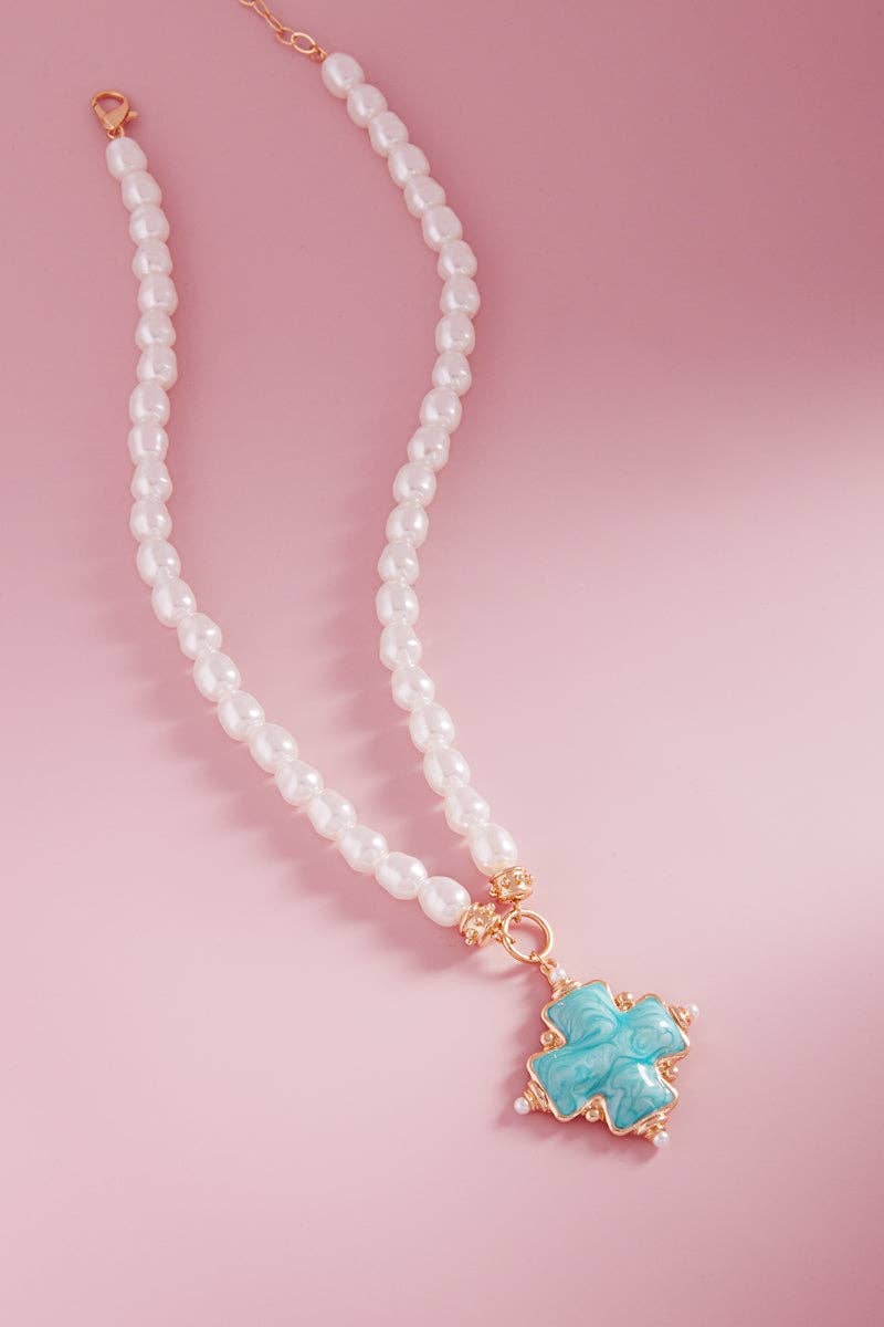 Cross Pearlized Color Enamel Pearls Short Necklace